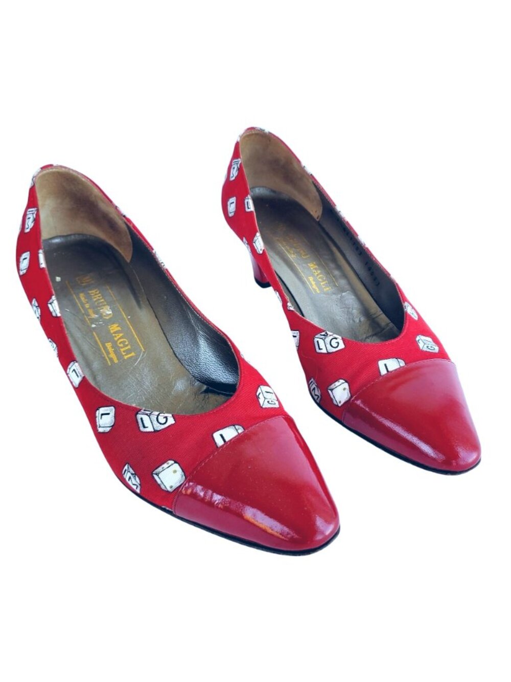 Vintage 1980s Bruno Magli Red Novelty Print Pumps Italy Sz 7.5 Dice - Picture 4 of 14